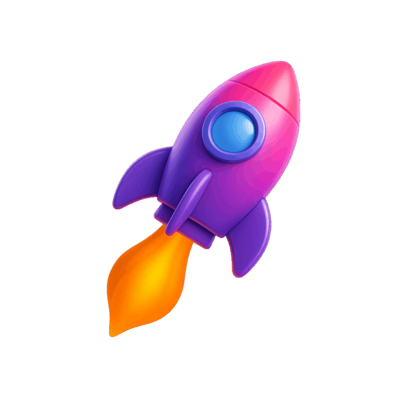 SEO-Texte schreiben lassen: 3D-illustrierte Rakete in den Farben Lila und Pink startet mit einer großen Flamme.