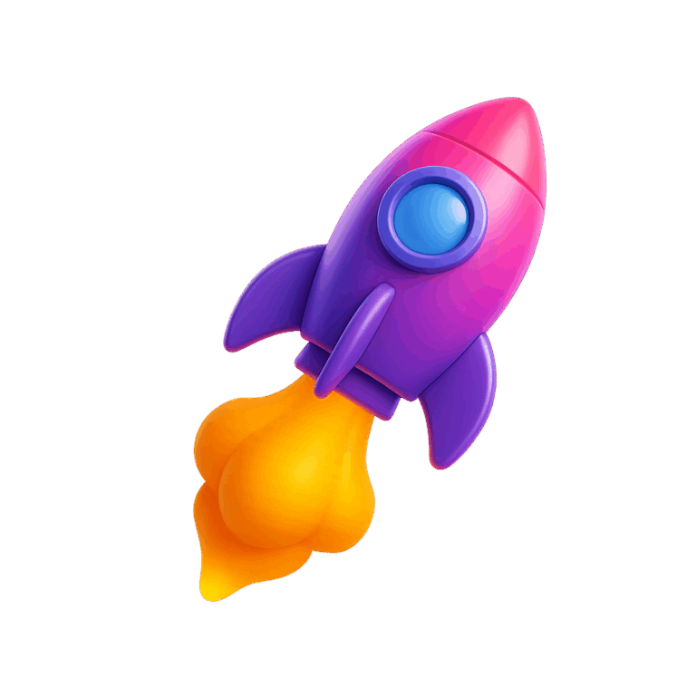 Social Media Betreuung: 3D-illustrierte Rakete in den Farben Lila und Pink startet mit einer großen Flamme.