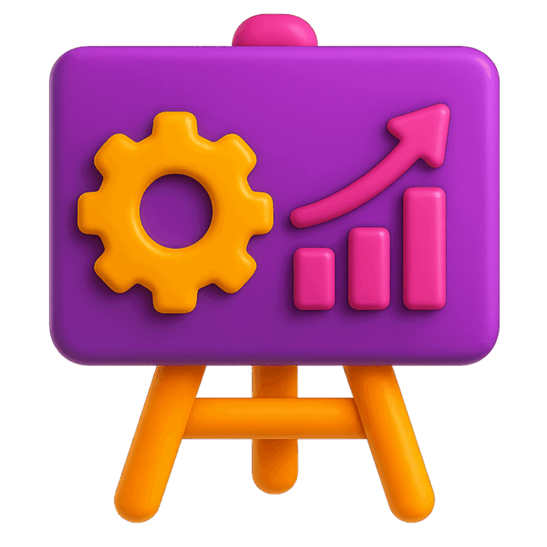 Social Media Betreuung: 3D-Illustration einer Tafel mit einem Zahnrad und einem Säulendiagramm.