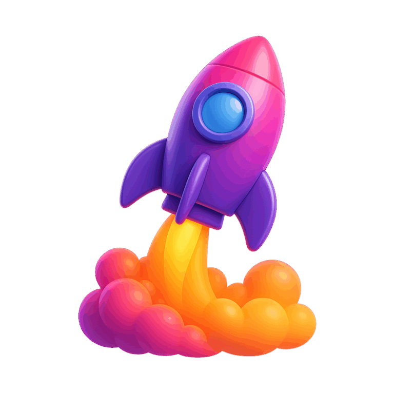 Marketingberatung Social Media und SEO: 3D-illustrierte Rakete in den Farben Lila und Pink startet mit viel Rauch in Gold und Lila.