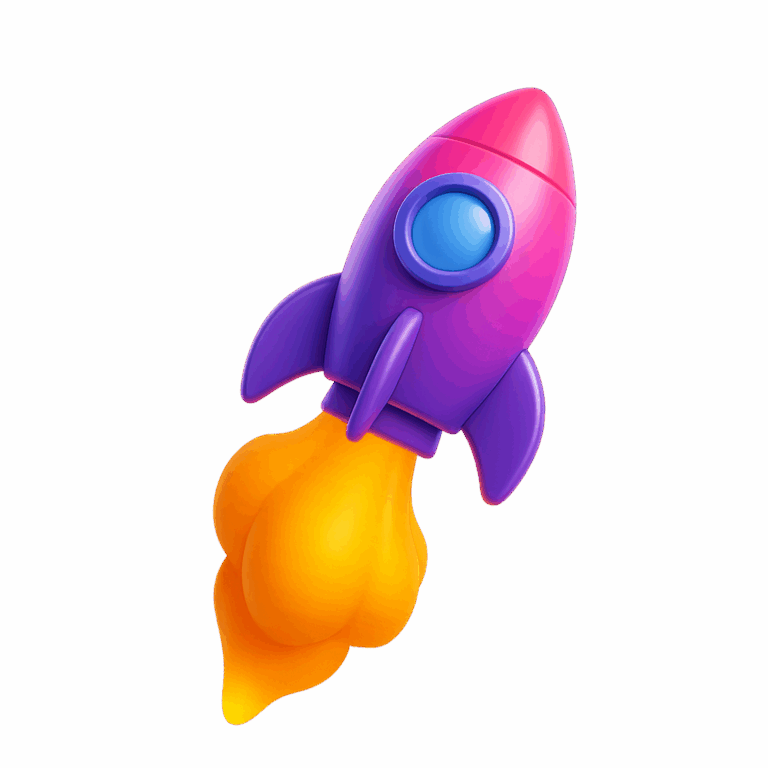 SEO-Texte schreiben lassen: 3D-illustrierte Rakete in den Farben Lila und Pink startet mit einer großen Flamme.
