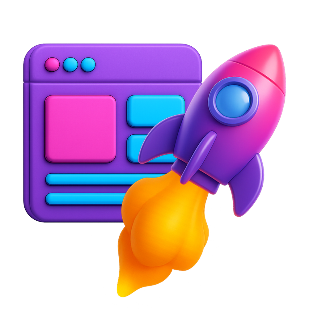 Webdesing und Homepage-Erstellung: Icon von einer Website mit einer Rakete davor.