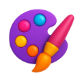 3D Illustration von einem Pinsel und einer Palette mit Farben.