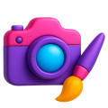 icon-fotografie-design-startseite 3D-Illustration von einer Kamera und einem Pinsel.