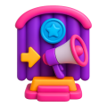 icon-markenauftritt Marketingberatung für Selbstständige: 3D-Illustration einer Bühne mit einem Megafon und einem Pfeil.