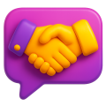 icon-marketing-support Marketingberatung für Selbstständige: 3D-Illustration von einer Sprechblase in der sich zwei Hände reichen.