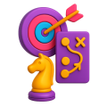 icon-marketingberatung-auf-den-punkt 3D-Illustration einer Zielscheibe, einer Schachfigur und einer Taktiktafel.