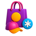 icon-werbemittel Marketingberatung für Selbstständige: 3D-Illustration einer Einkaufstüte und einer Cap.