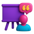 icon-workshops-startseite 3D-Illustration von einer Person die eine Rede vor einer Flipchart hält.